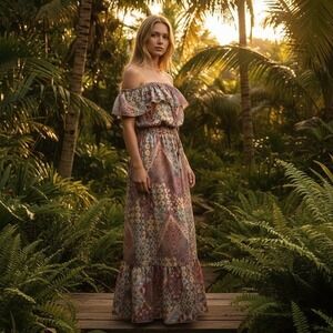 Torrid Boho Off The Shoulder Maxi Dress Smocked Waist Geometric Tribal Print SZ1